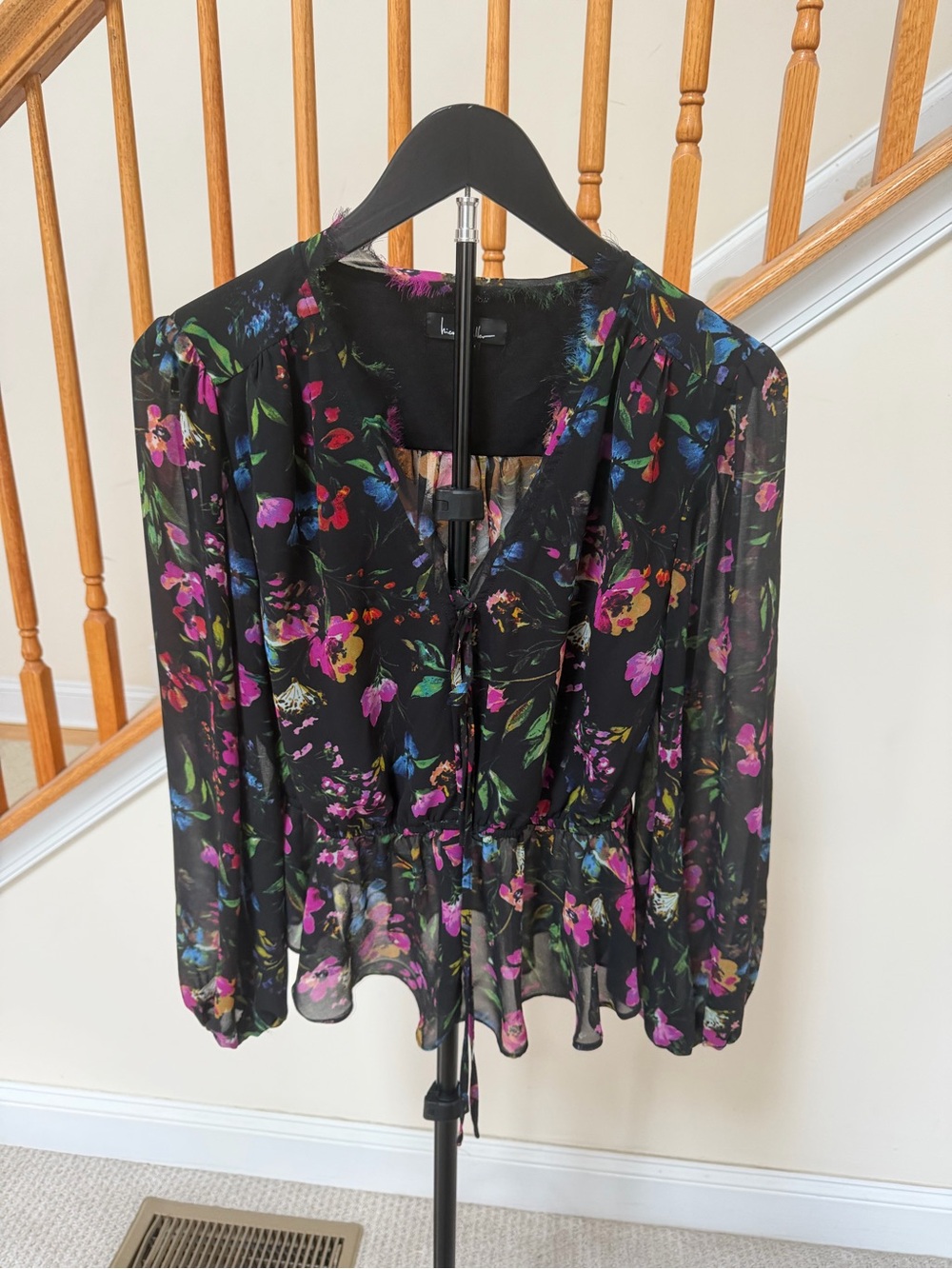 Nicole Miller Black Floral Tie-Neck Peplum Blouse